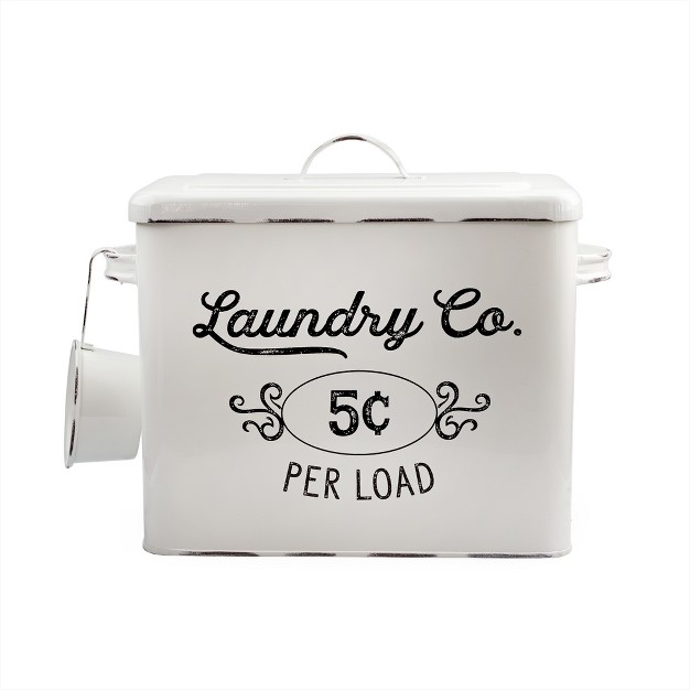 Auldhome Design Enamelware Laundry Powder Container Farmhouse Style Metal Detergent Bin W Scoop