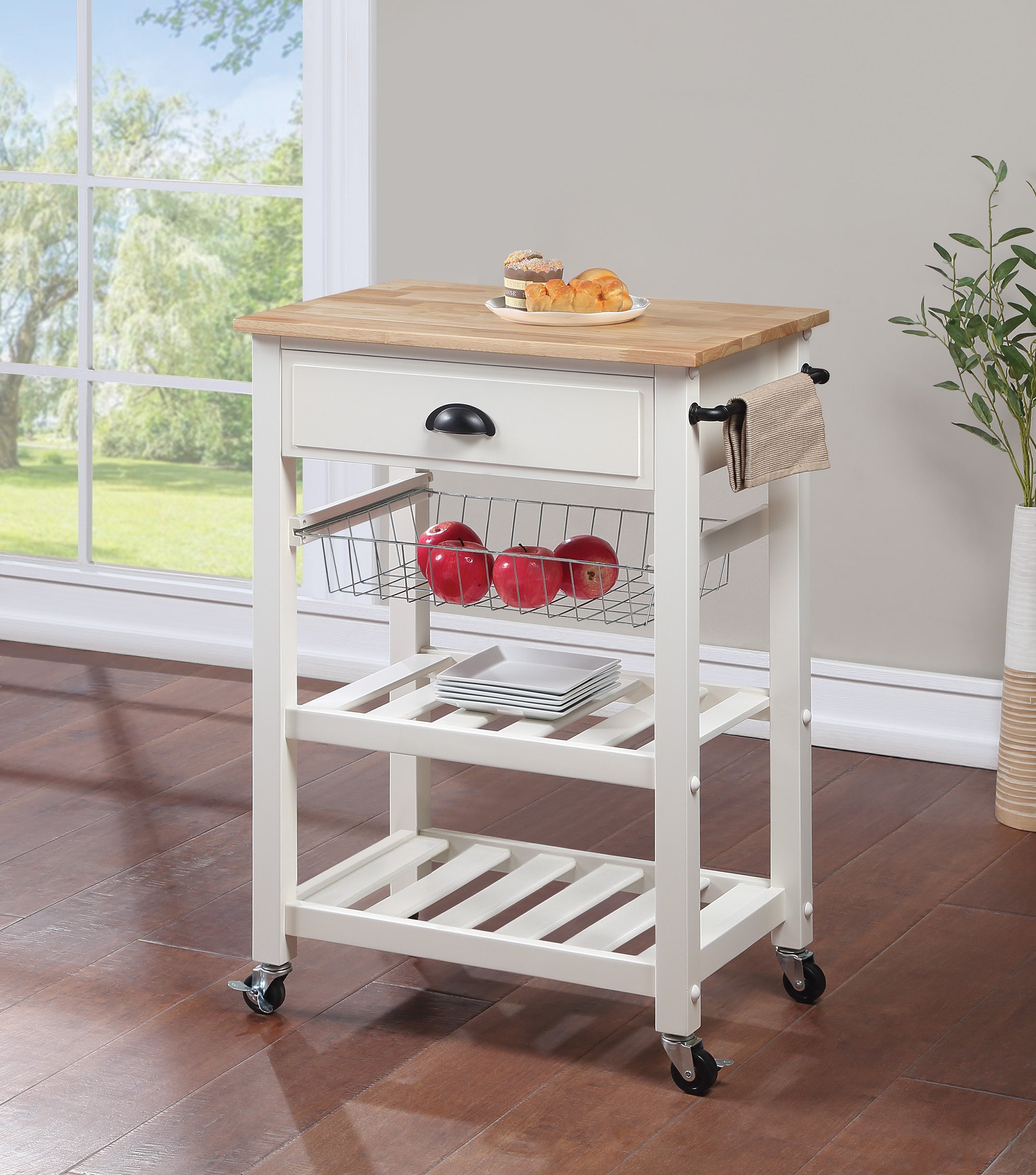 OS Home and Office Furniture Model HMPNW-11 Hampton Kitchen Cart in White with Solid Rubberwood Top