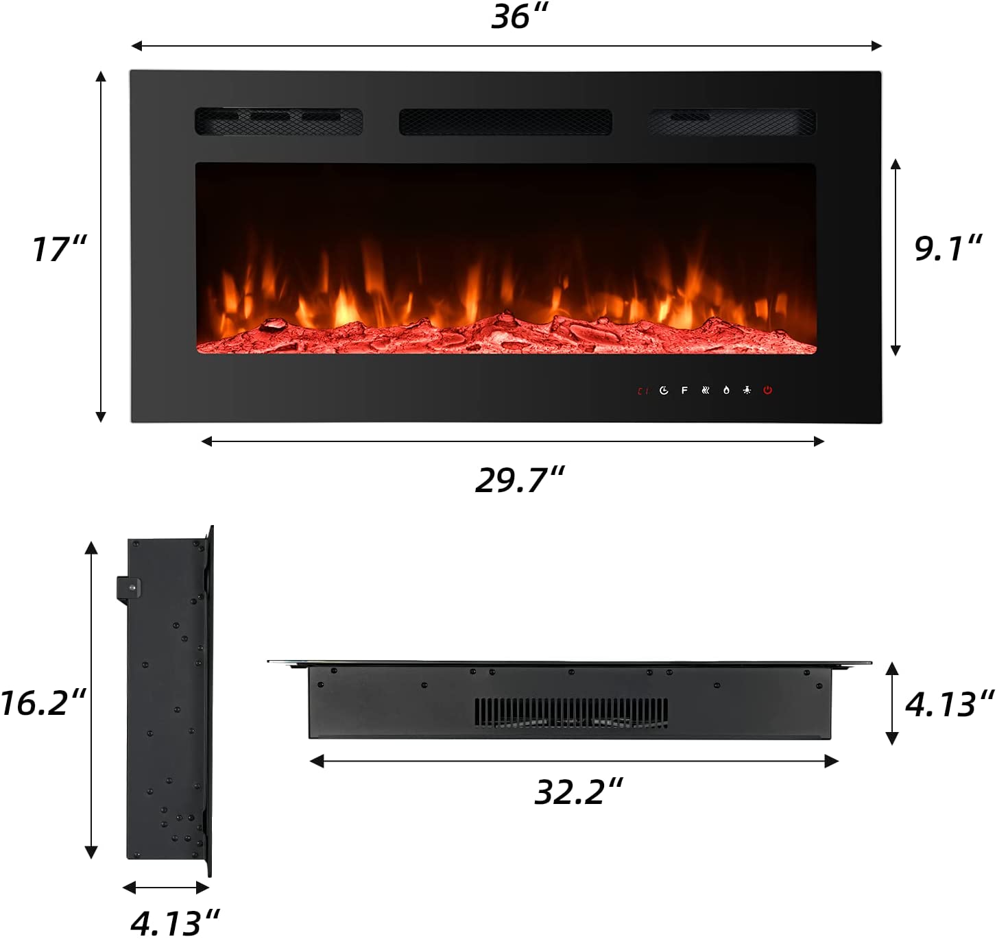 Yoleny 36 inch Electric Fireplace with Free Standing,Wall Mounted Fireplace Insert Heater with Touch Screen Control Panel ,Recessed Electric Fireplace,12 Color LED Flamer, 750/1500W