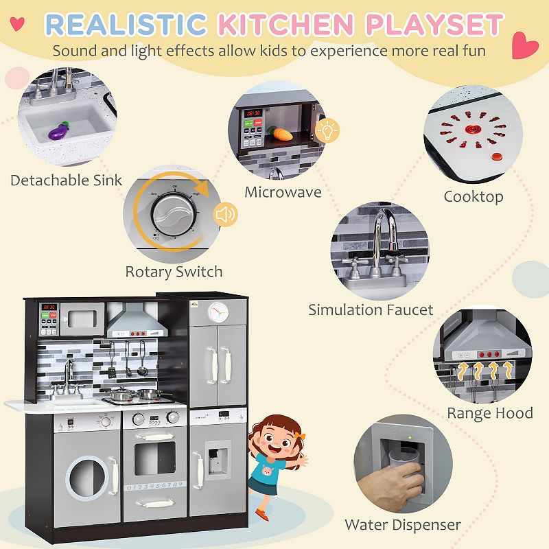 Qaba Wooden Play Kitchen with Lights Sounds， Kids Kitchen Playset with Washing Machine， Water Dispenser， Microwave， Range Hood， Refrigerator， Utensils， Gift for 3-6 Years Old