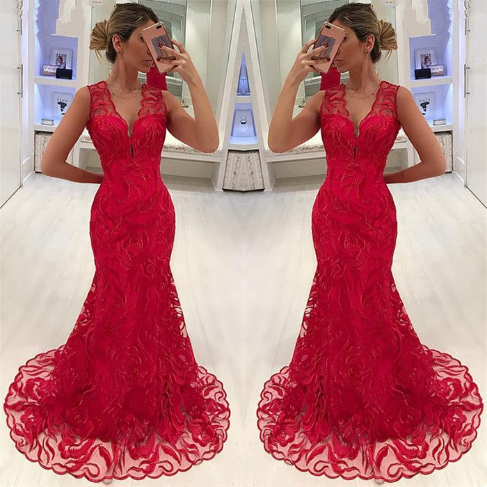 Red Sleeveless Mermaid Prom Dress With Lace Evening Gowns