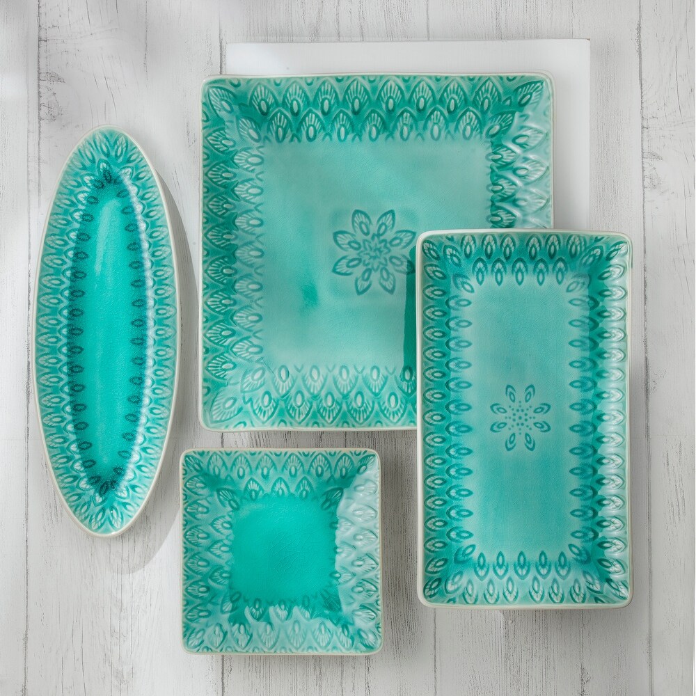 Euro Ceramica Peacock Stoneware 6.5 Inch Square Appetizer Salad Plate Set in Lagoon (Set of 4)   6.5 x 6.5 x .9