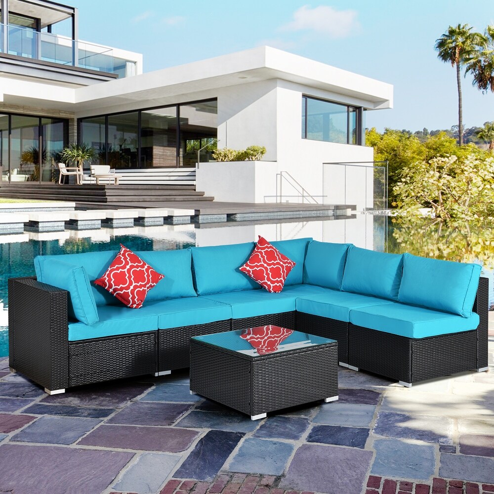 7 Pieces Outdoor Patio Furniture Sets for 5 7  Garden Sofa Set with 4 Single Sofa Chair  2 Single Corner Chair   1 Coffee Table.