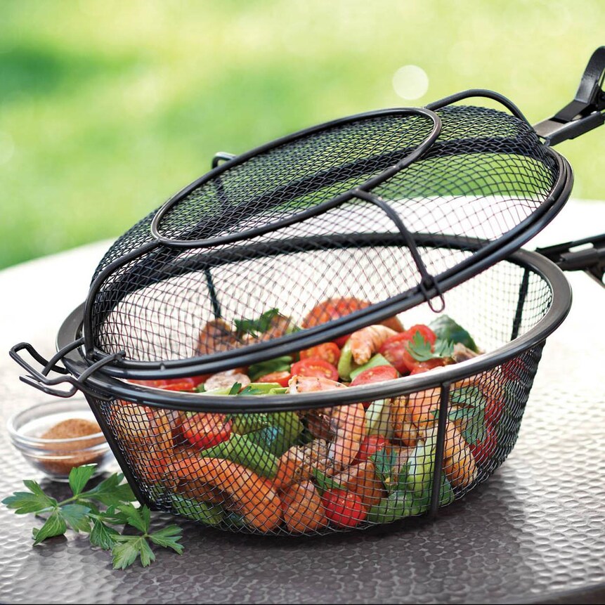 Outset 11-Inch Diameter Jumbo Non-Stick 3-In-1 Chef's Grill Basket And Skillet With Removable Handle