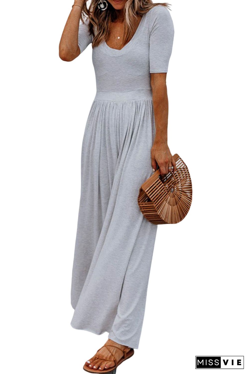 Gray Short Sleeve Bodice Flowy Wide Leg Jumpsuit