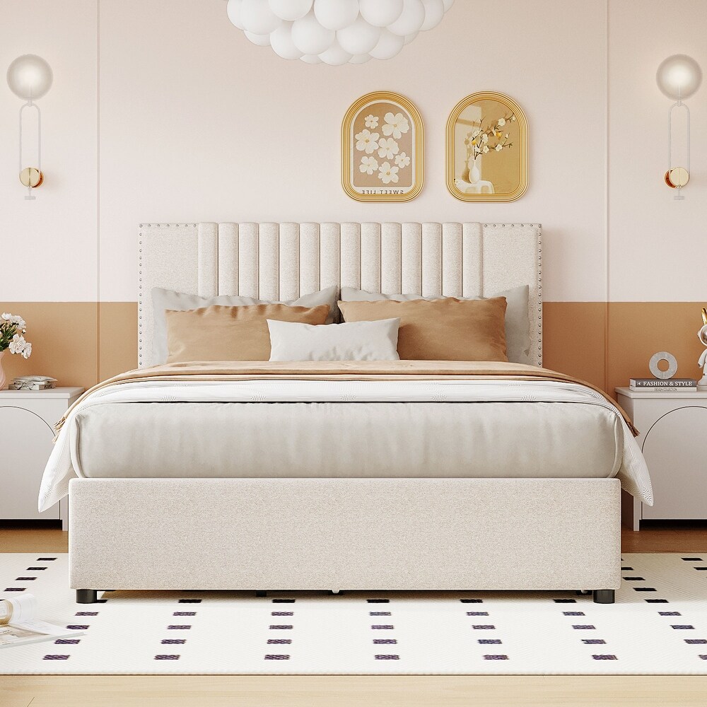 Full Size Upholstered Platform Bed with Classic Headboard  2 Drawers and Twin Trundle  Beige