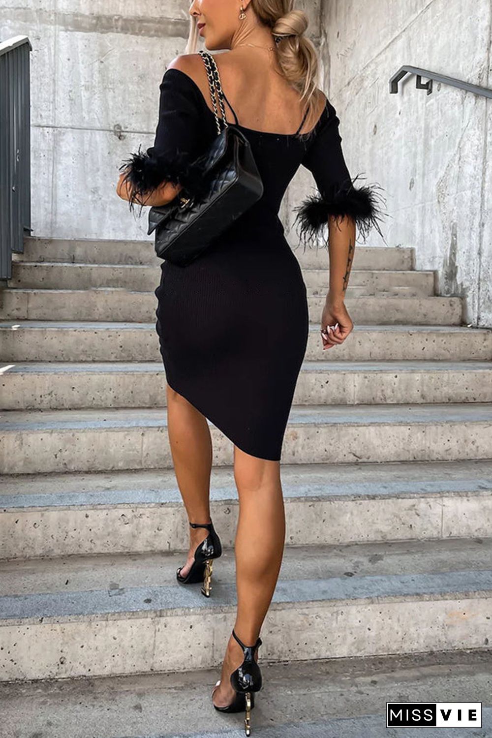 Black Ribbed Off Shoulder Feather Cuff Bodycon Dress