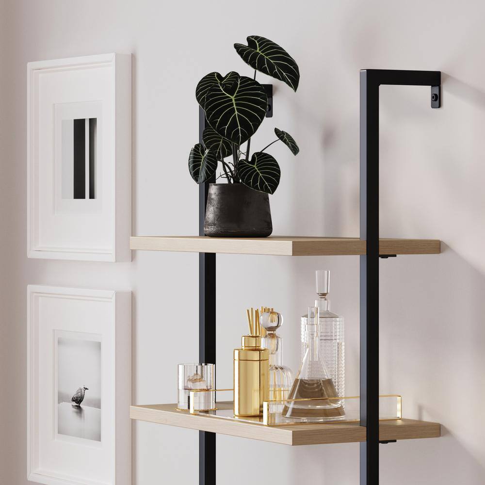 Nathan James Theo Open Shelf 73 in. High Light Oak Wood 3-Shelf Ladder Bookcase with Rattan Cabinet Doors and Matte Black Frame 66501