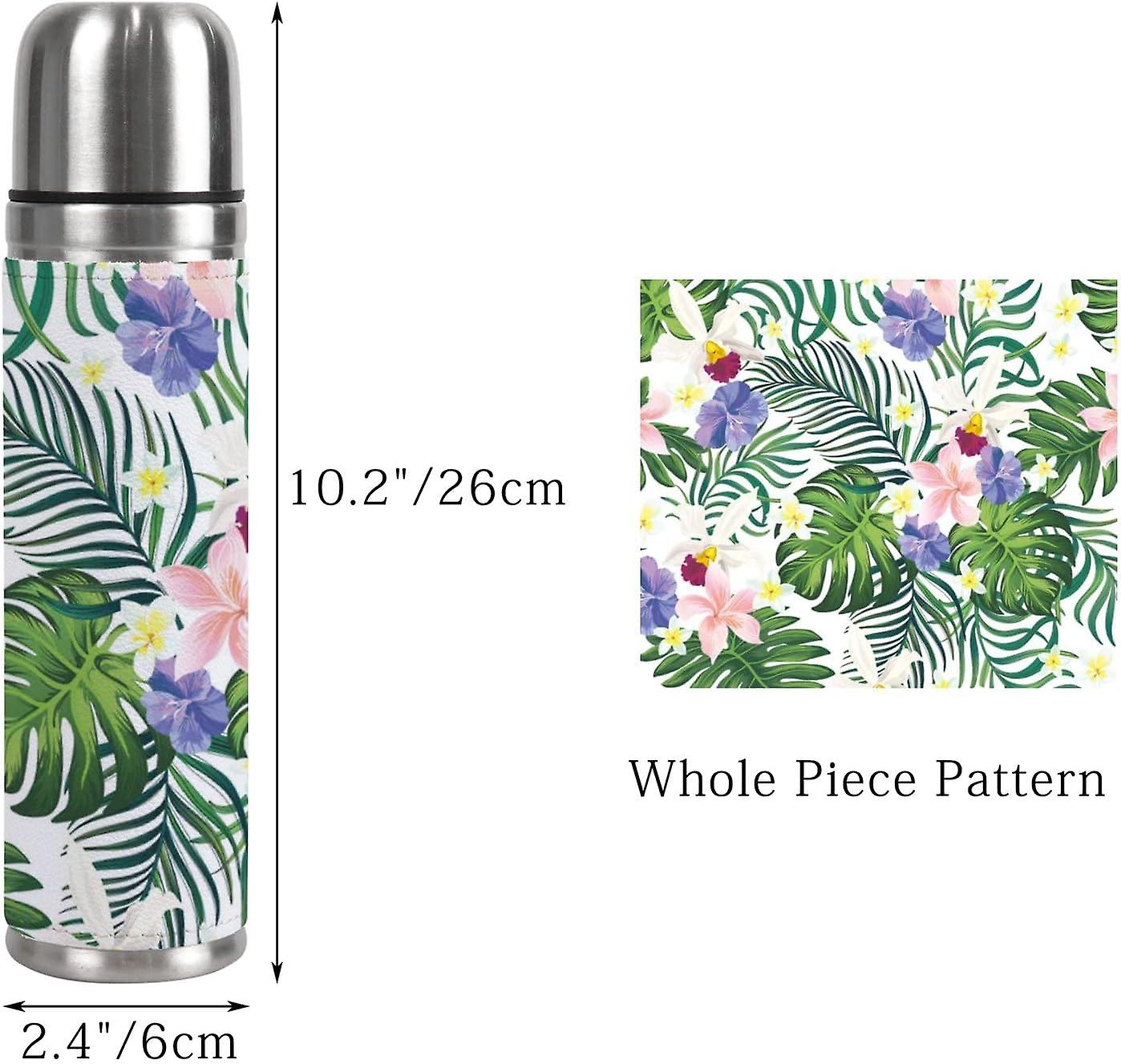 Insulated Mug Stainless Steel Water Bottle Tropical Hibiscus Flowers And Palm Leaves Vacuum Cup Travel Mug