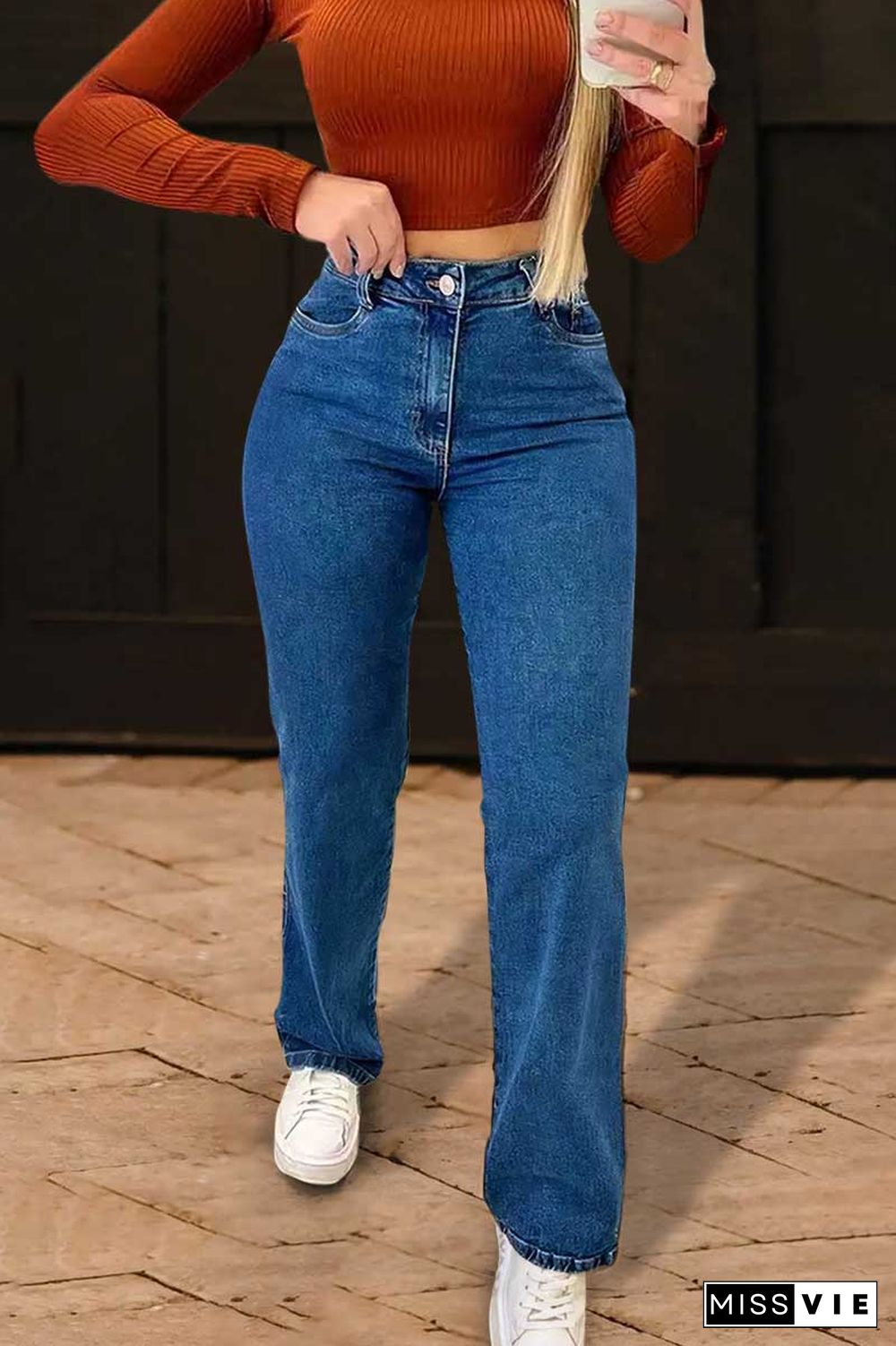 High Waist Button Straight Leg Jeans