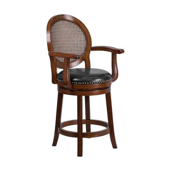 Offex 26'' High Expresso Wood Counter Height Stool with Arms， Woven Rattan Back and Black LeatherSoft Swivel Seat - N/A