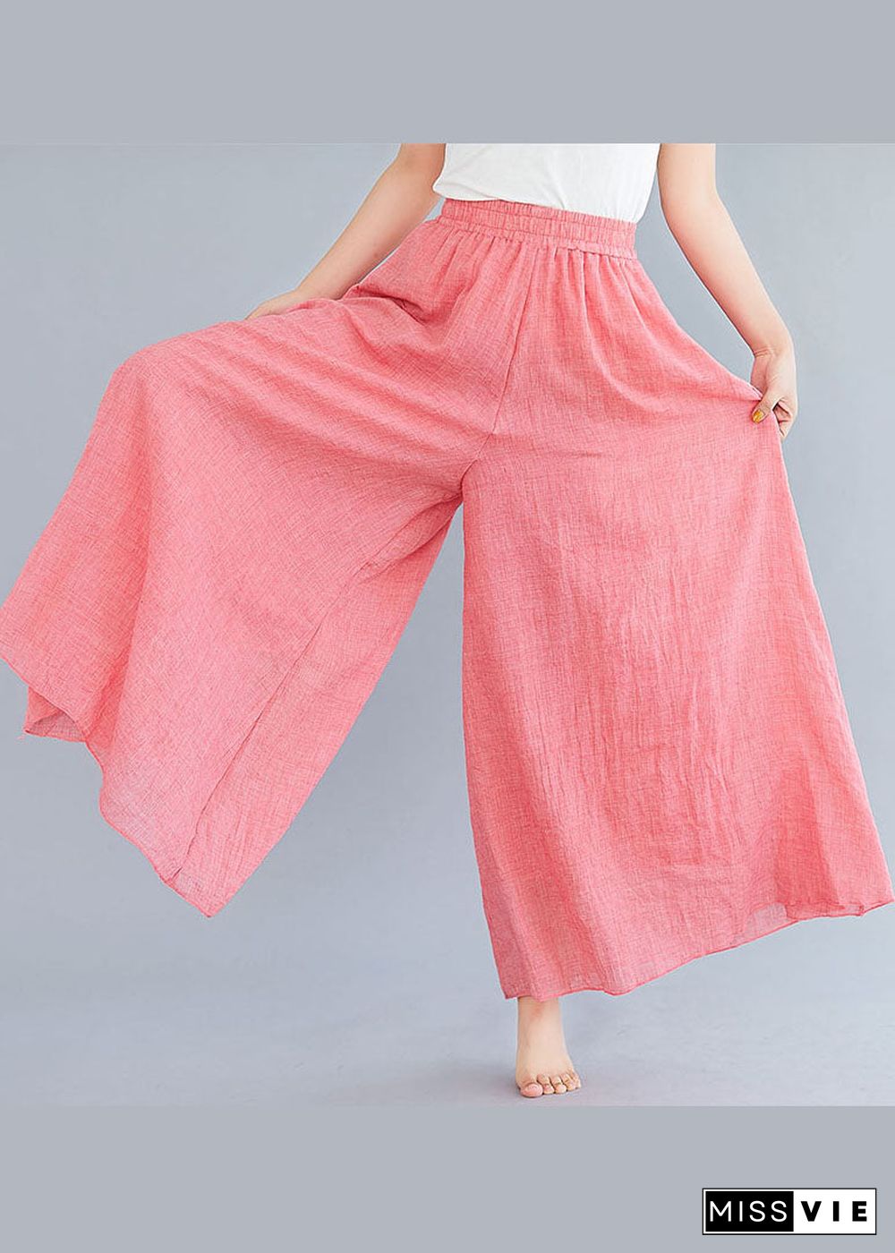 Pink Linen Wide Leg Pants High Waist Wrinkled Summer