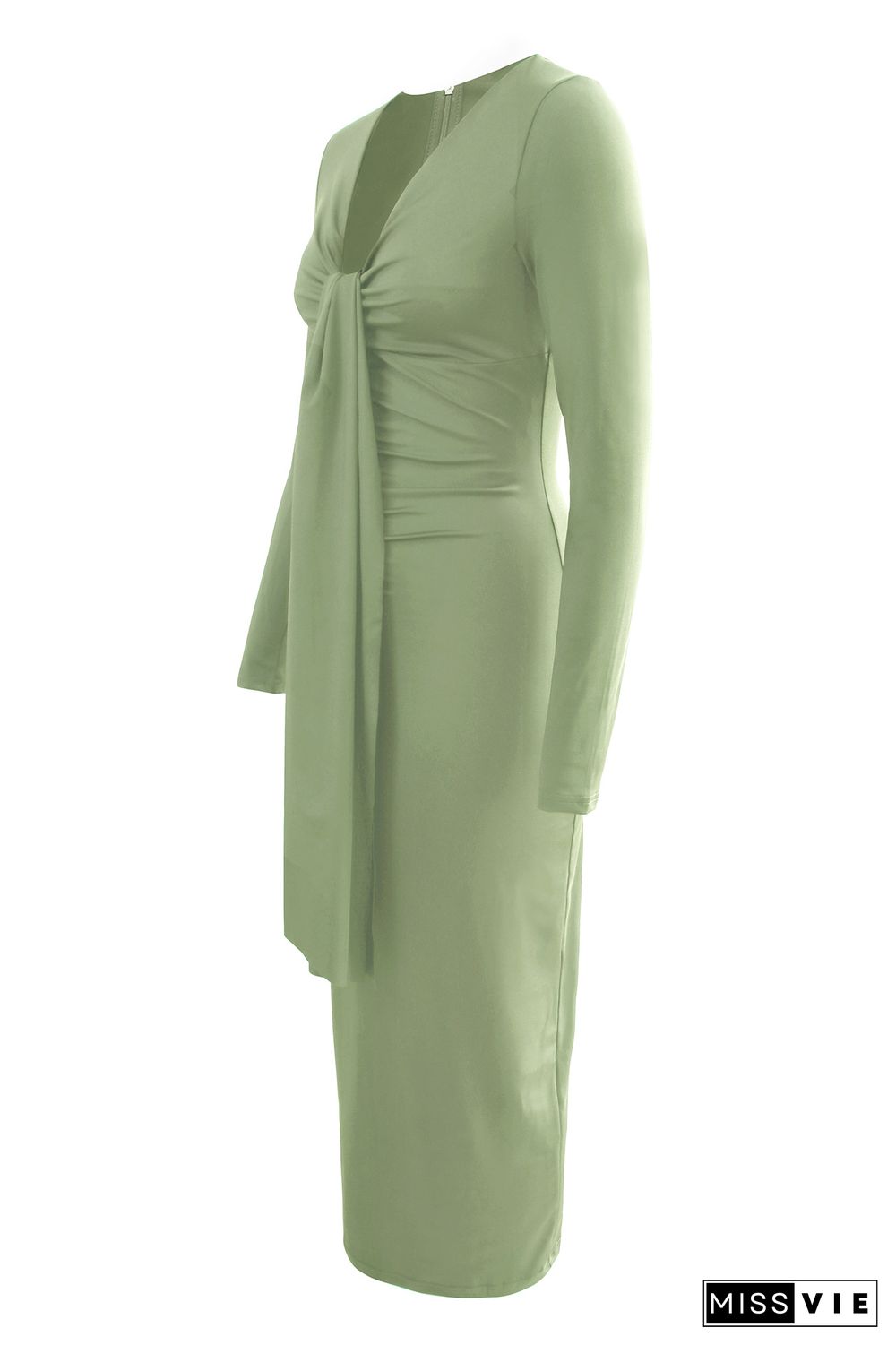 Plain V Neck Ruched Tie Slim Maxi Dress