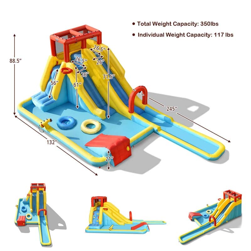 7 in 1 Dual Slide Water Park Bouncy Castle Inflatable Bounce House with Climbing Wall, Splash Pool, Basketball Rim, Water Gun & Sprinker