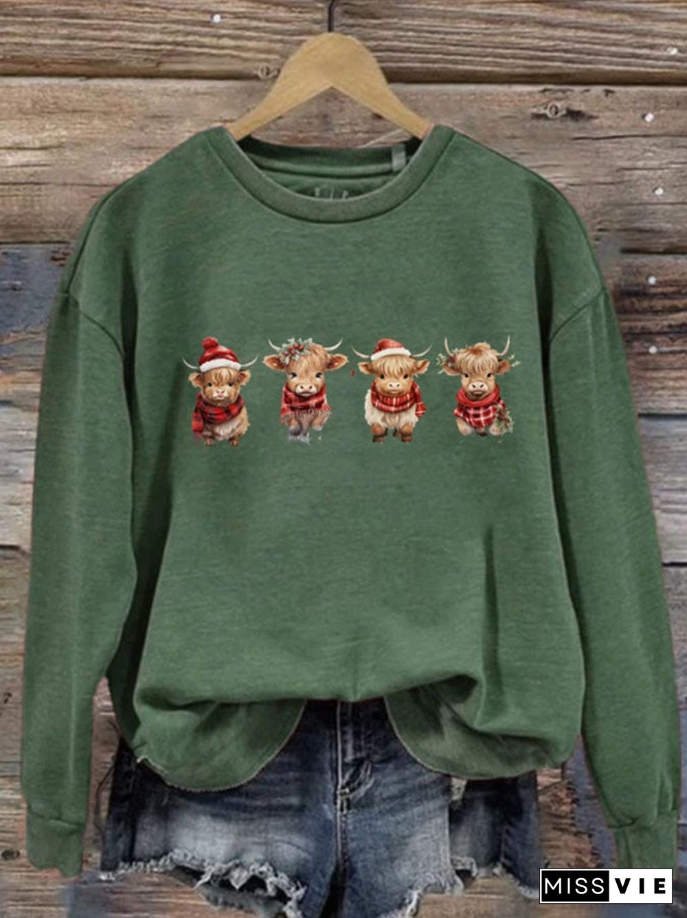 Women's Casual Christmas Highland Cow Printed Long Sleeve Sweatshirt