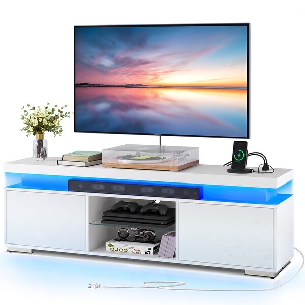 Modern LED Entertainment Center TV Stand Media Console with Power Outlets USB Port