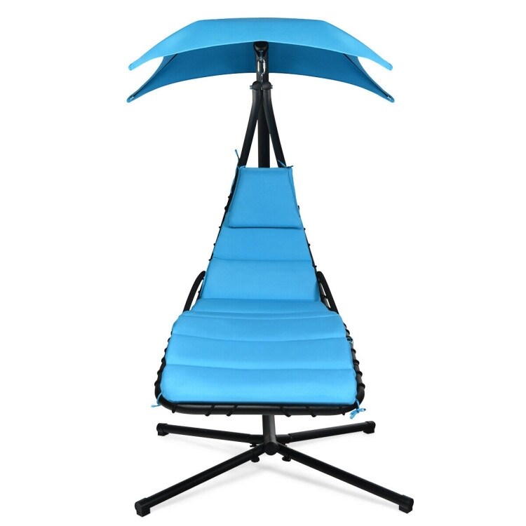 Hanging Chaise Lounger with Stand and Pillow for Outdoor   Blue   73.5'' x 40'' x 79\