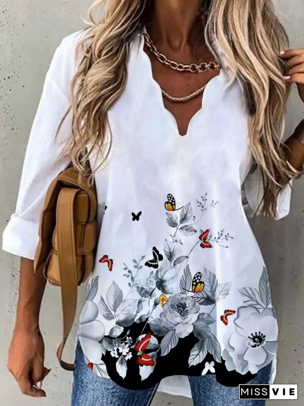 Casual Floral Long Sleeve V Neck Plus Size Printed Tops