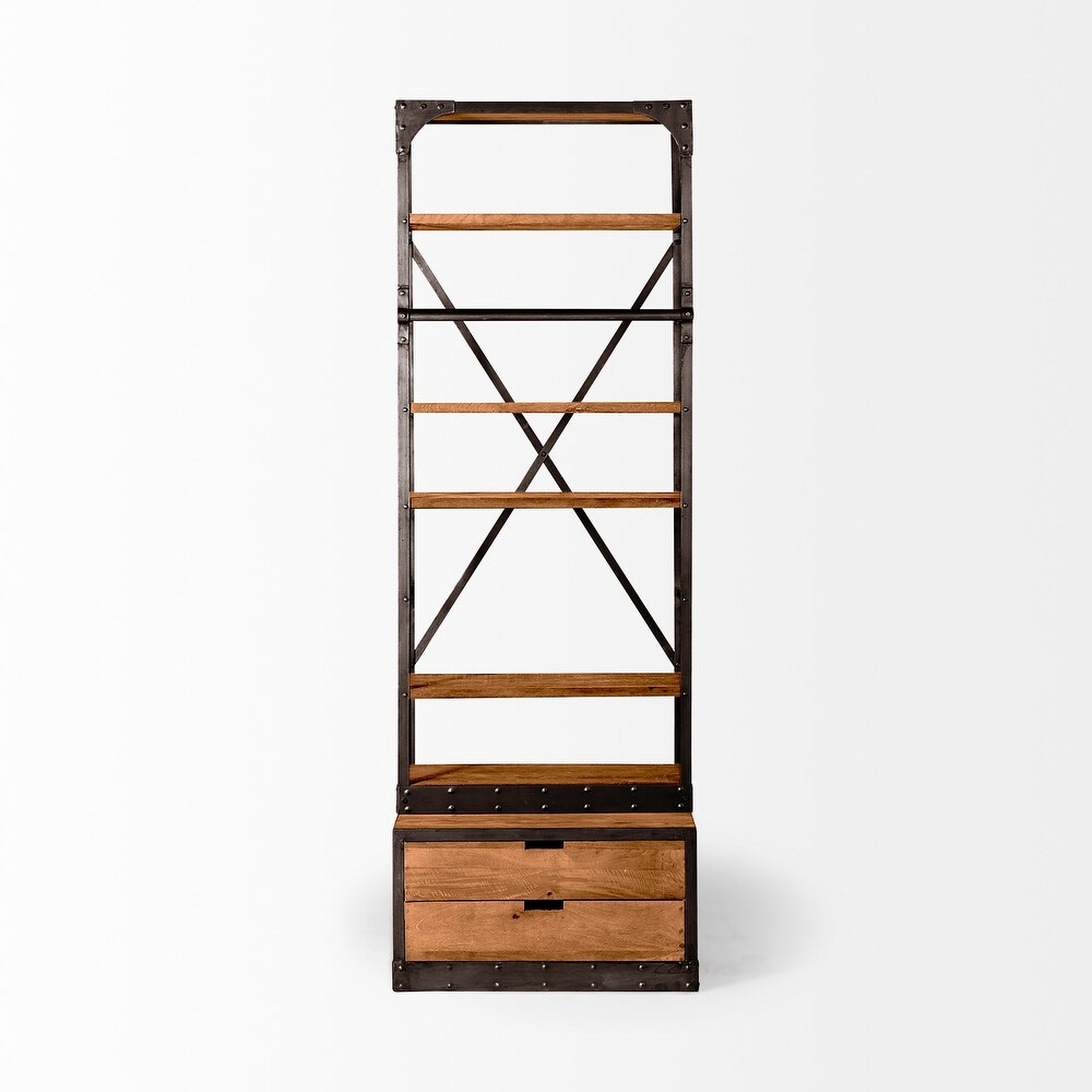 Brodie I Medium Brown Solid Wood w/ Bronze Iron Frame   Ladder Shelving Unit   32.0L x 22.0W x 94.0H