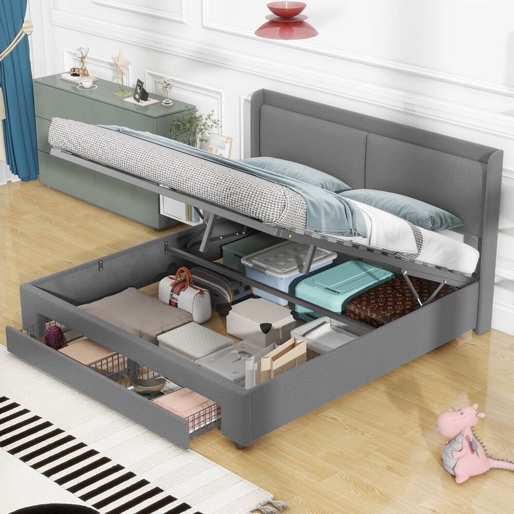 Queen Size Lift Storage Bed Platform Bed with 2 Drawers  Queen Size Bed Frame with Hydraulic Storage System