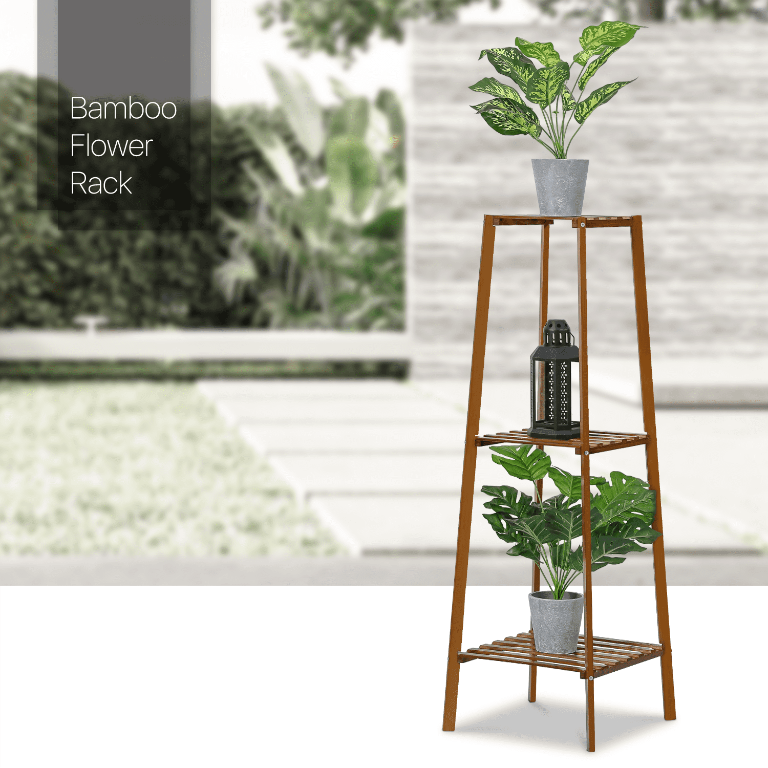 MoNiBloom Bamboo 3 Tiers Trapezoid Plant Stand, Display Rack, Flower Storage Shelf, Brown, for Home