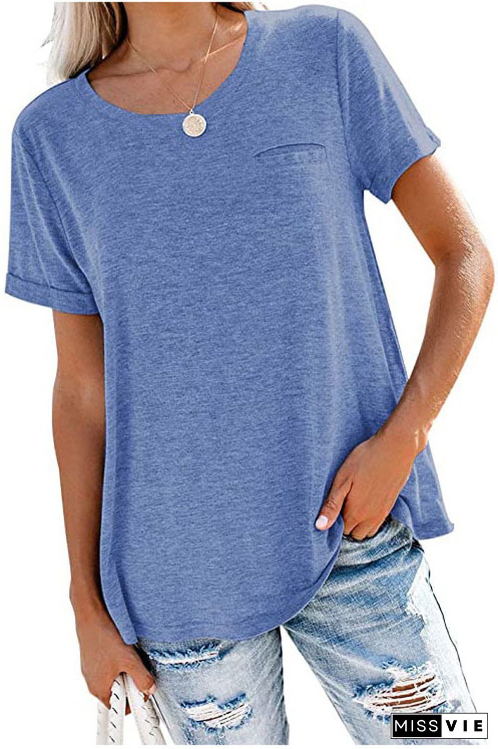 Blue Round Neck Pocket T-shirts