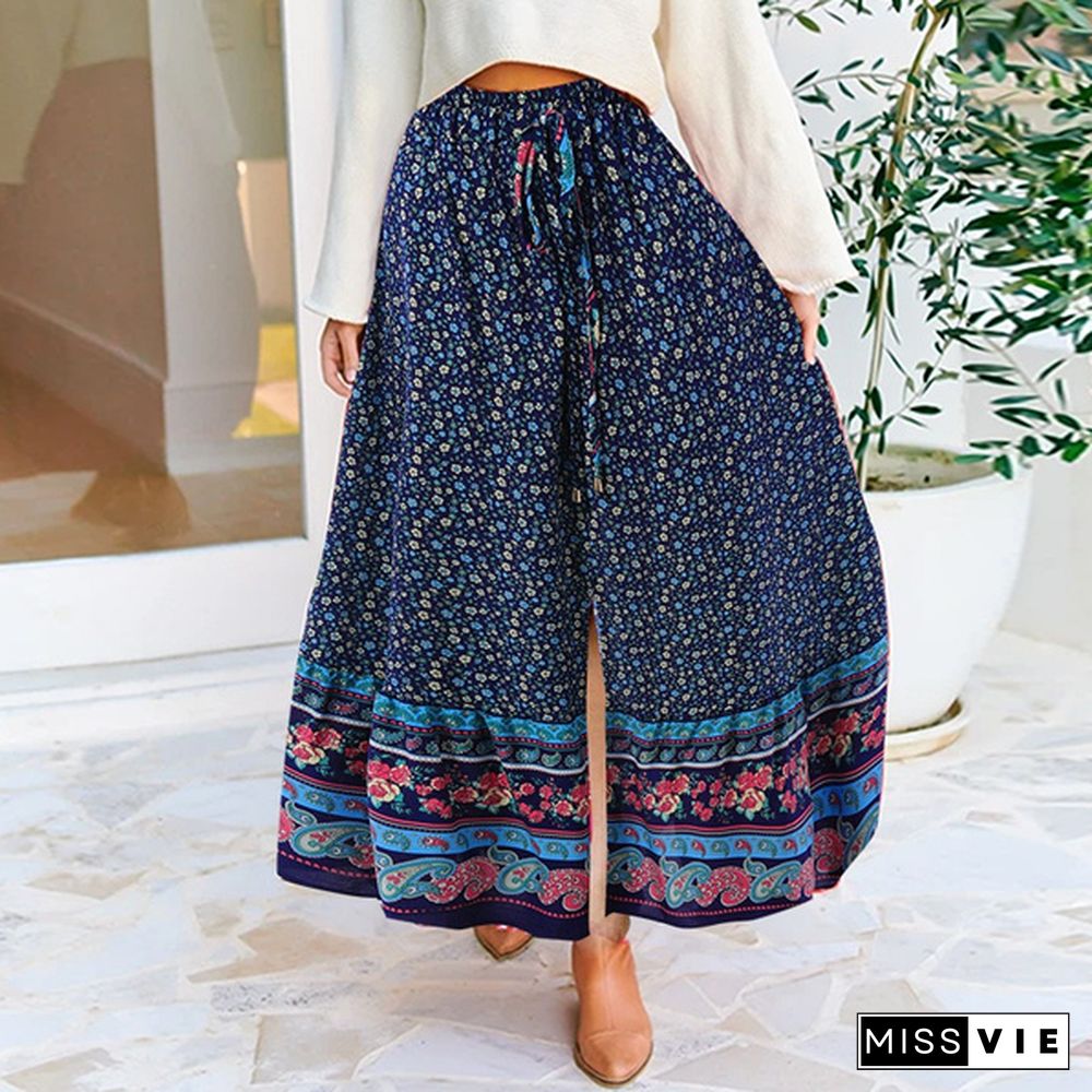 Women Floral Print Long Skirt Dress Elastic High Waist Bohemian Party Casual Swing Pleated Maxi Skirts Plus Size