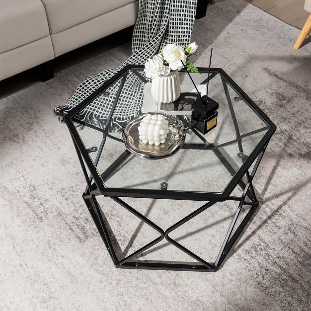 Costway Coffee Table Geometric Glass Modern W tempered Glass Top amp Metal Legsliving Roo