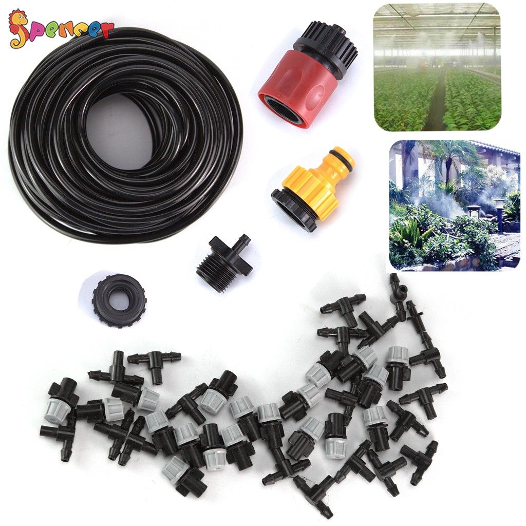 Spencer Water Misting Cooling System 15M/49FT Misting Line Mist Nozzle Faucet Connector Patio Water Mister for Garden Yard Lawn Trampoline 