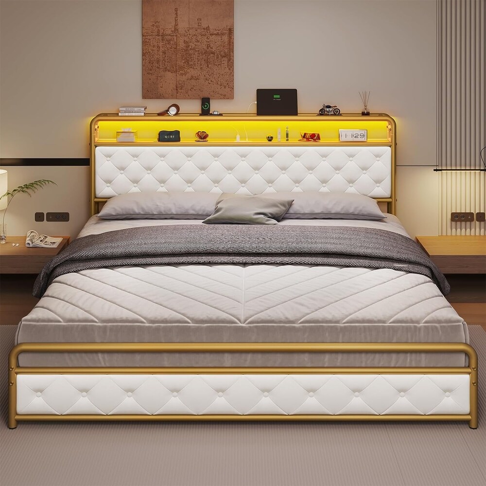 King Size Bed Frame with Built in LED Light Headboard