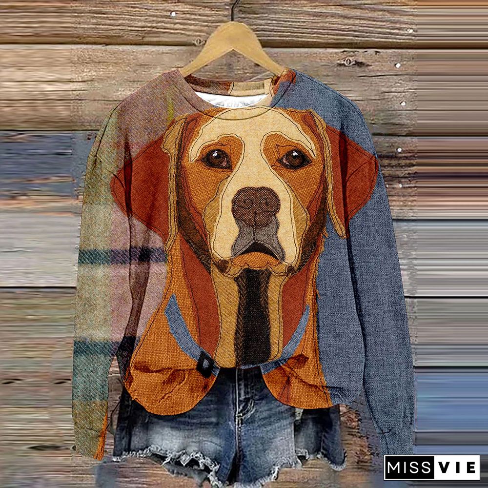 Cute Dog Color Block Art Print Casual Sweatshirt