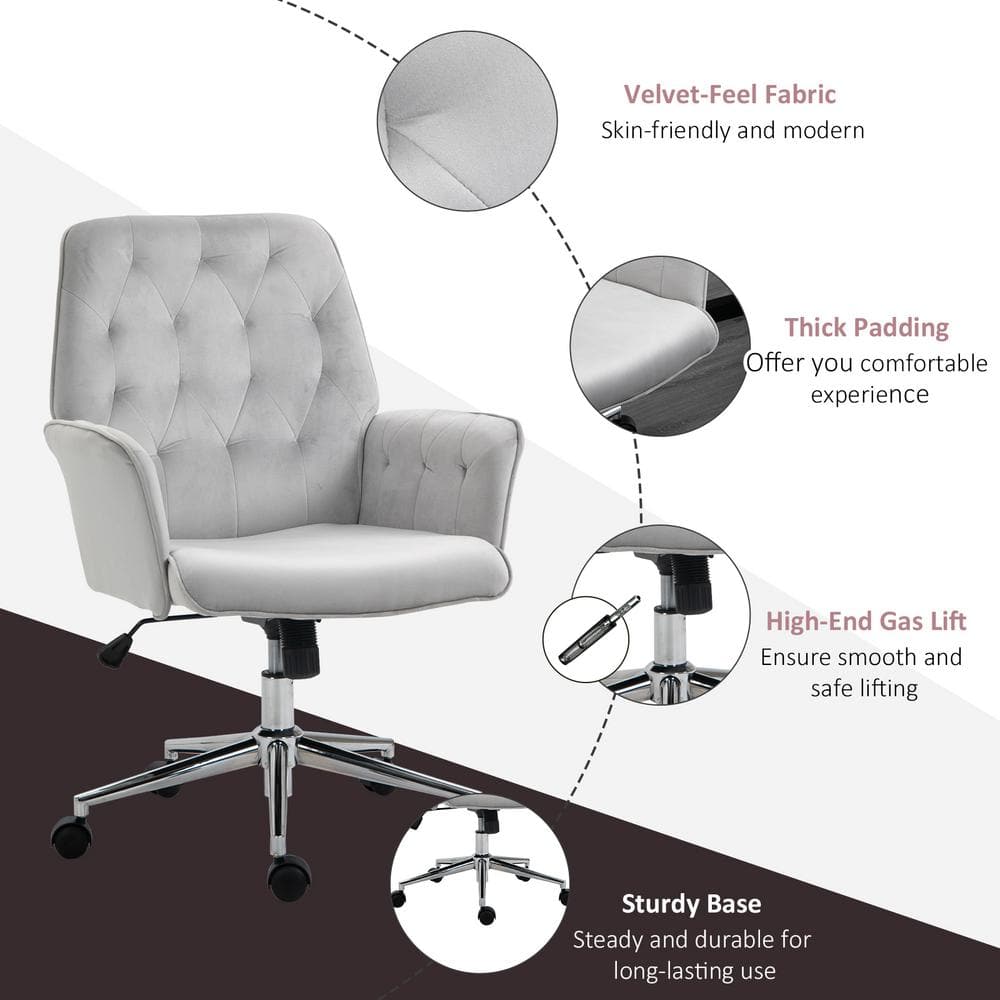 Vinsetto Light Grey Velvet Fabric Desk Chairs with Adjustable Height and Padded Armrests 921-102V02GY