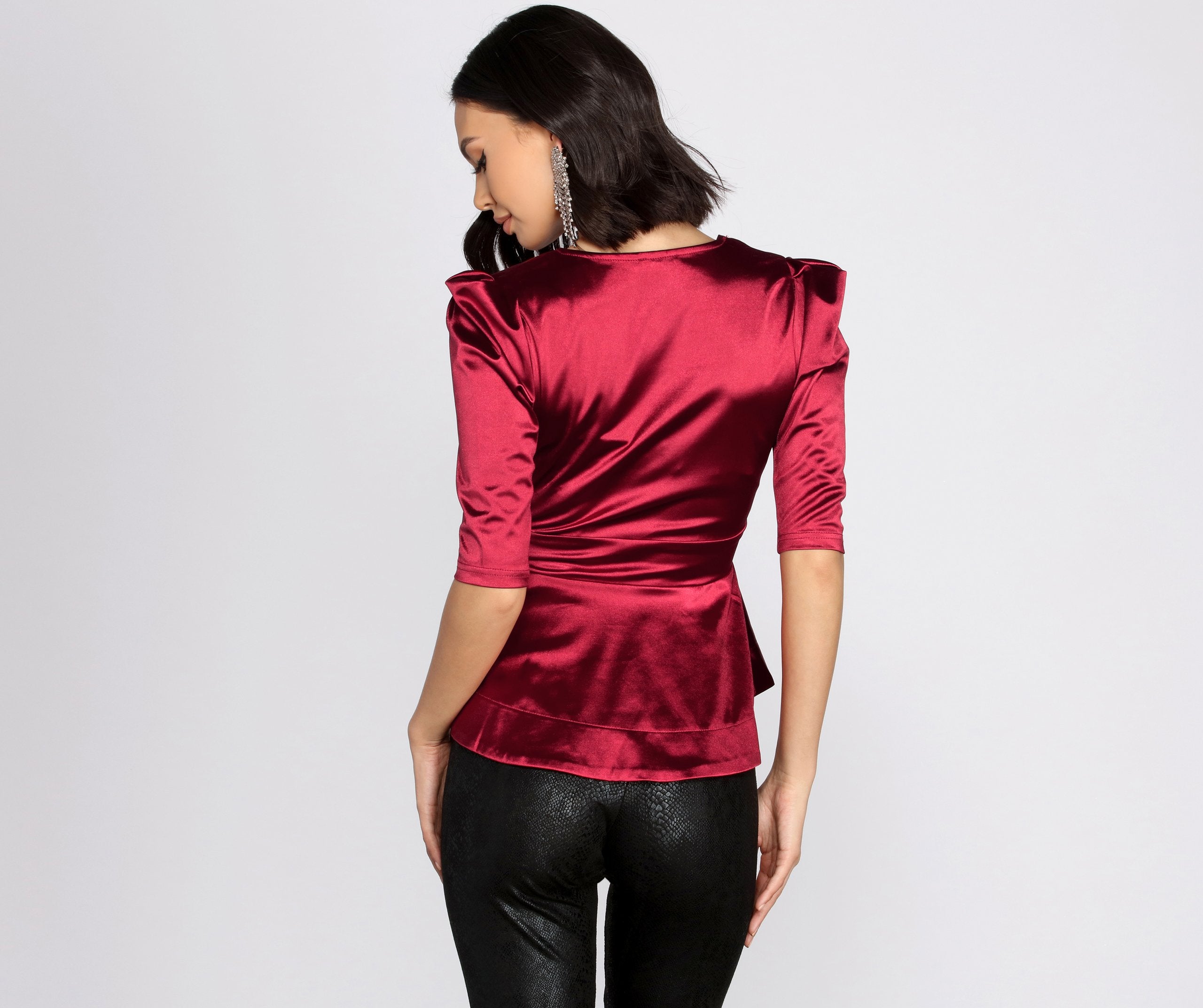 Satin Puff Sleeve Peplum Top