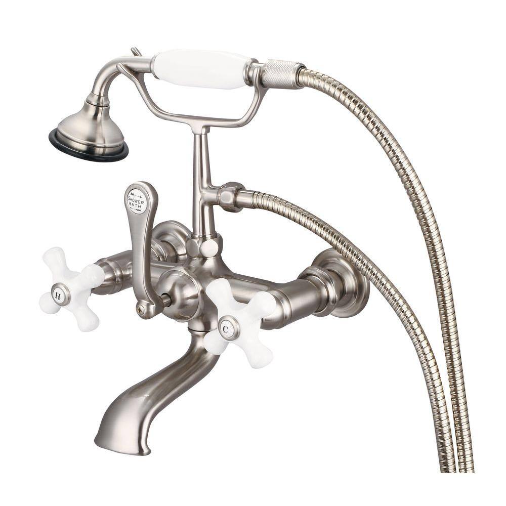 Water Creation 3-Handle Vintage Claw Foot Tub Faucet with Hand Shower and Porcelain Cross Handles in Brushed Nickel F6-0010-02-PX