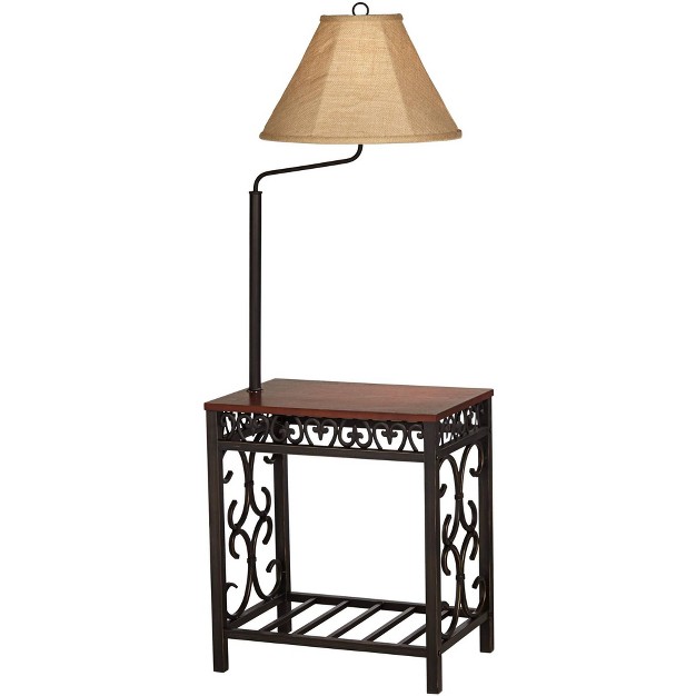 Tall Bronze Scrollwork Swing Arm Burlap Fabric Empire Shade For Living Room Reading