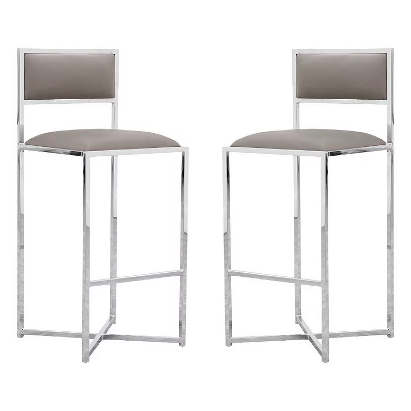 Eun 30 Inch Vegan Faux Leather Barstool， Chrome Base， Set of 2， Gray