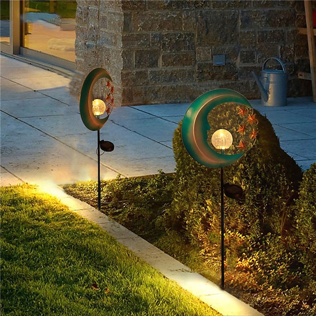 Outdoor Stars Moon Solar Power Light Romantic Moon Angel Retro Metal Lamp With Crackle Glass Globe Led For Courtyard Garden Landscape Lighting 1X