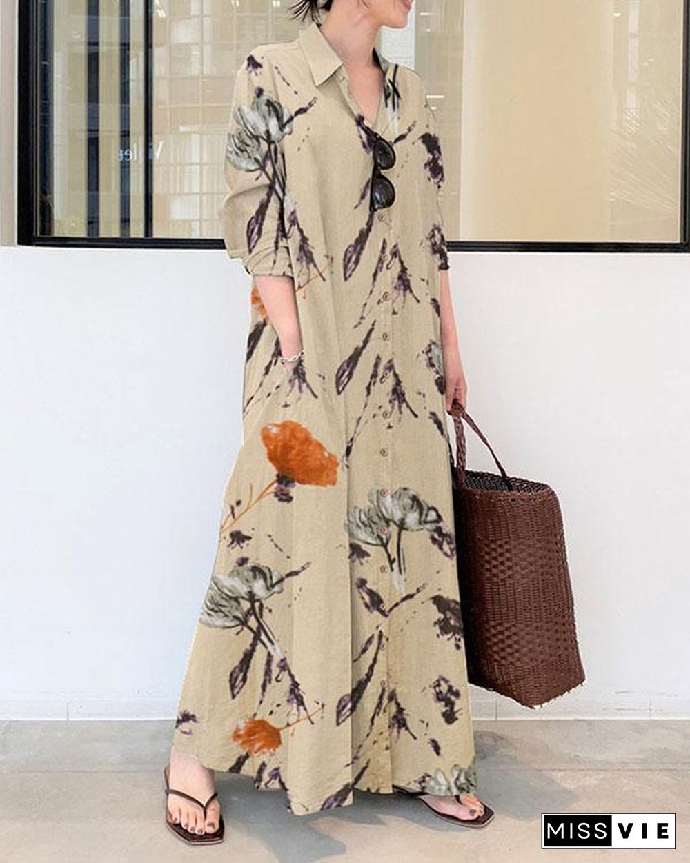 Women Floral Print Loose Linen Maxi Dresses