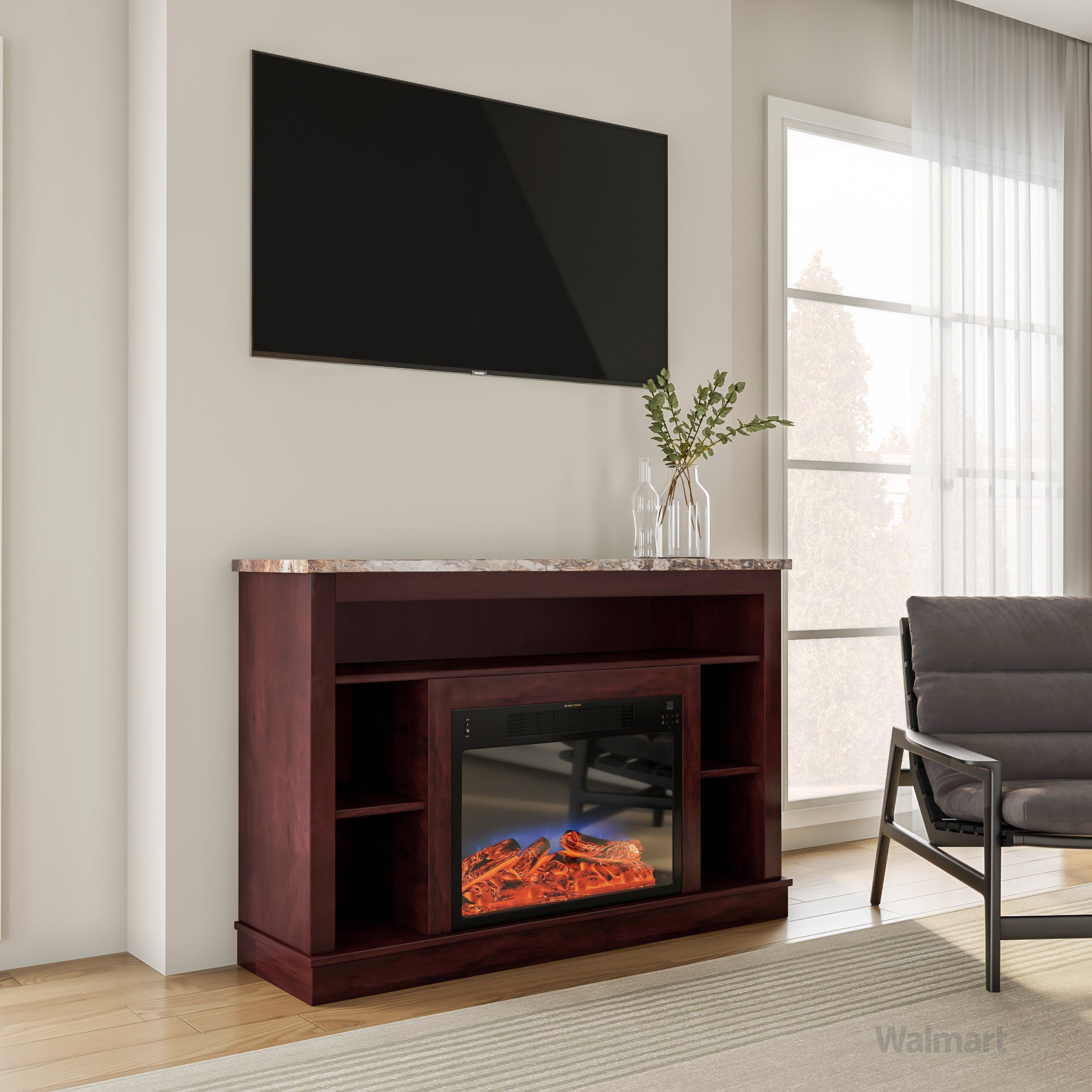 Cambridge Seville 47'' Freestanding Electric Multi-Color LED Fireplace with Log Insert and Remote | Mahogany Mantel | For Rooms up to 210 Sq.Ft. | Adjustable Heat Settings | Timer