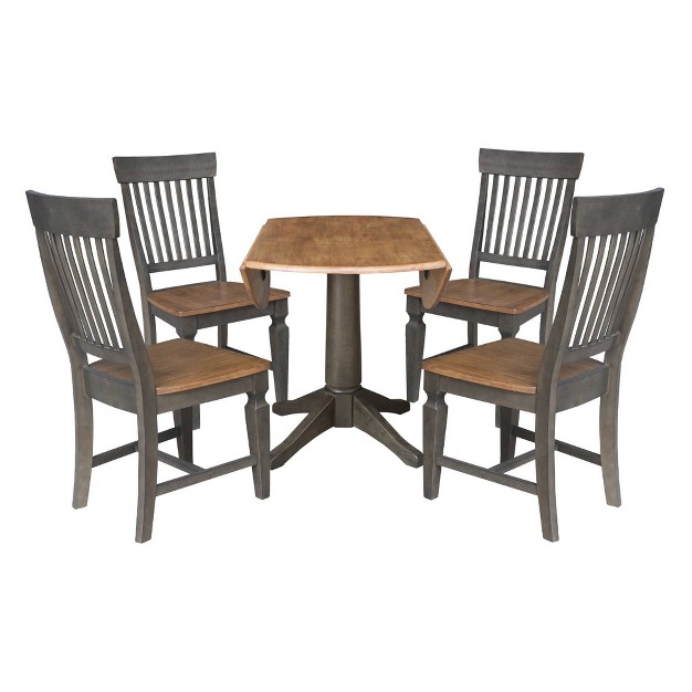 Round Dual Drop Leaf Dining Table With 4 Slat Back Chairs Hickory washed Coal International Concepts