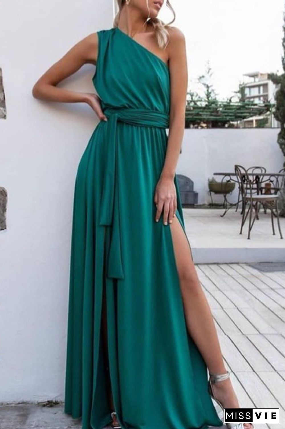 Fashion Solid Split Joint One Shoulder Waist Skirt Dresses