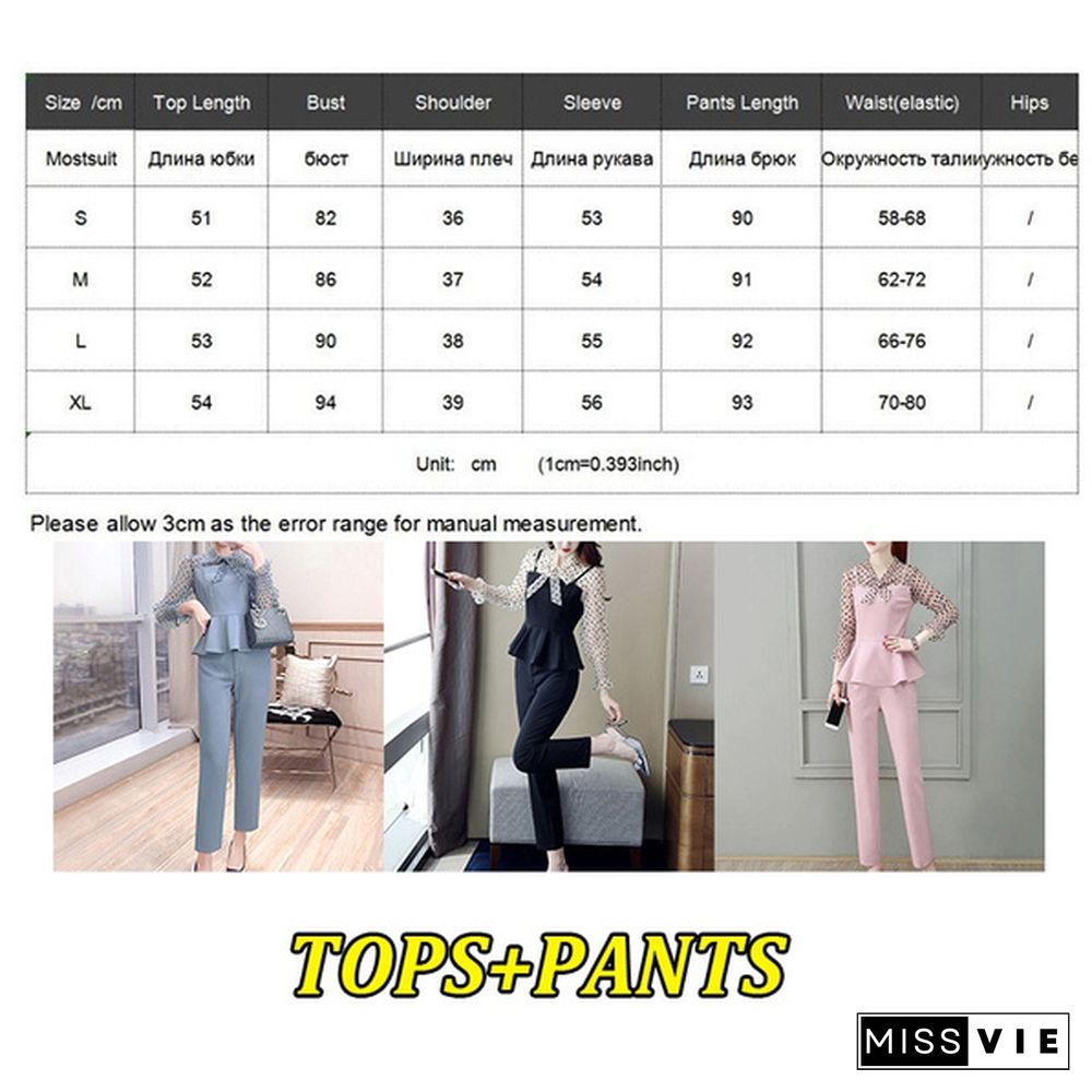 Office Fashion Two Piece Pants Sets Outfits Women Bow Dot Print Patchwork Tunics Tops + Pants Suits Korean Workwear Sets