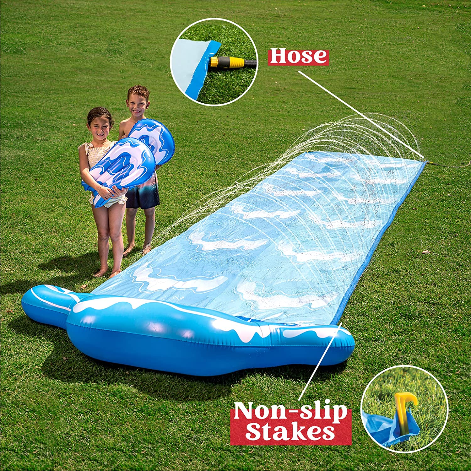 Lavinya 20ft Slip and Slide 2 Person Blue Wave Water Slides with 2 Boogie Boards Porch Waterslide 2 Sliding Racing Lanes with Sprinklers Summer Toy 20ft x 62in