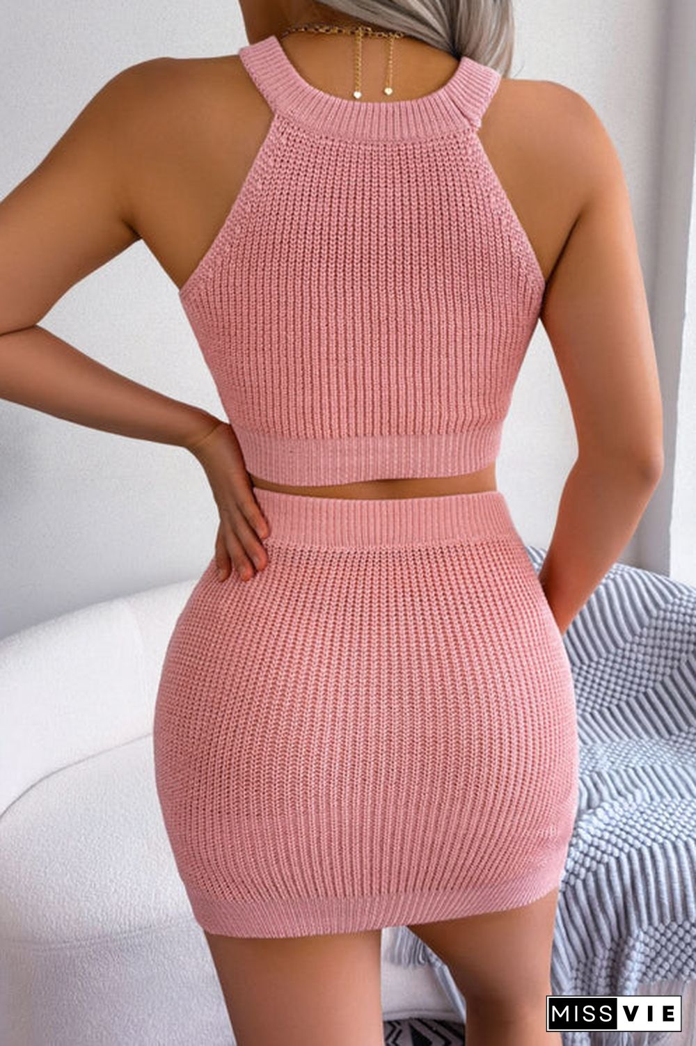 Heart Contrast Ribbed Sleeveless Knit Top and Skirt Set