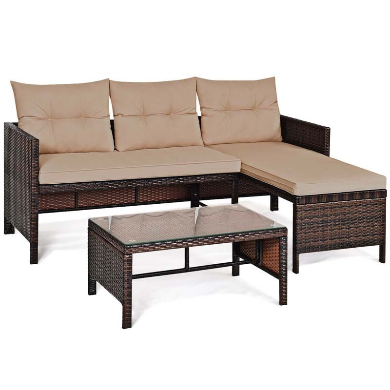 3 Pcs Rattan Patio Furniture Set Outdoor Conversation Sofa Set with Loveseat Chair & Coffee Table