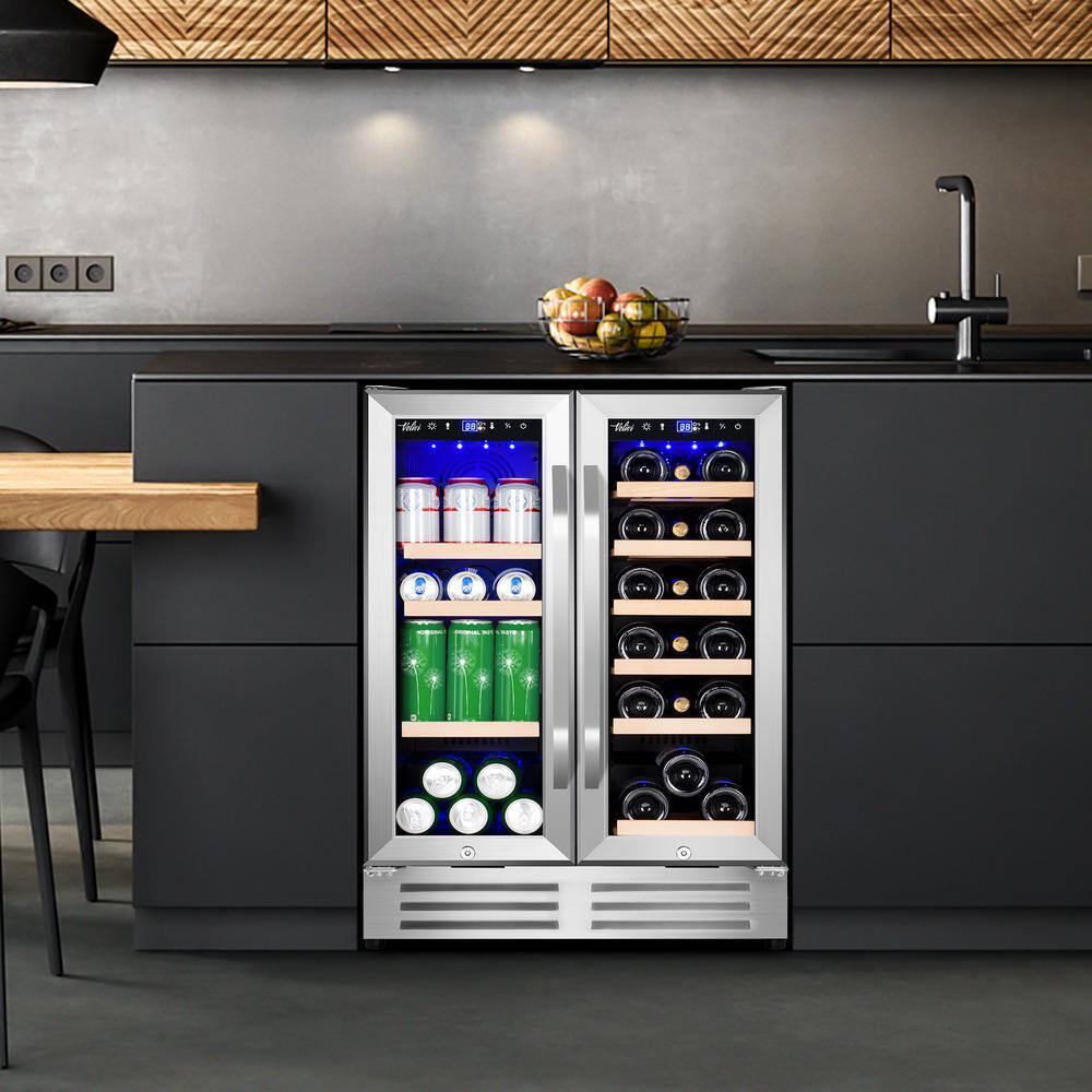 Velivi 24 in.Dual Zone 18-Wine Bottles and 88-Can Built-In and Freestanding with French Door Beverage Cooler in Stainless Steel KMYL120HD