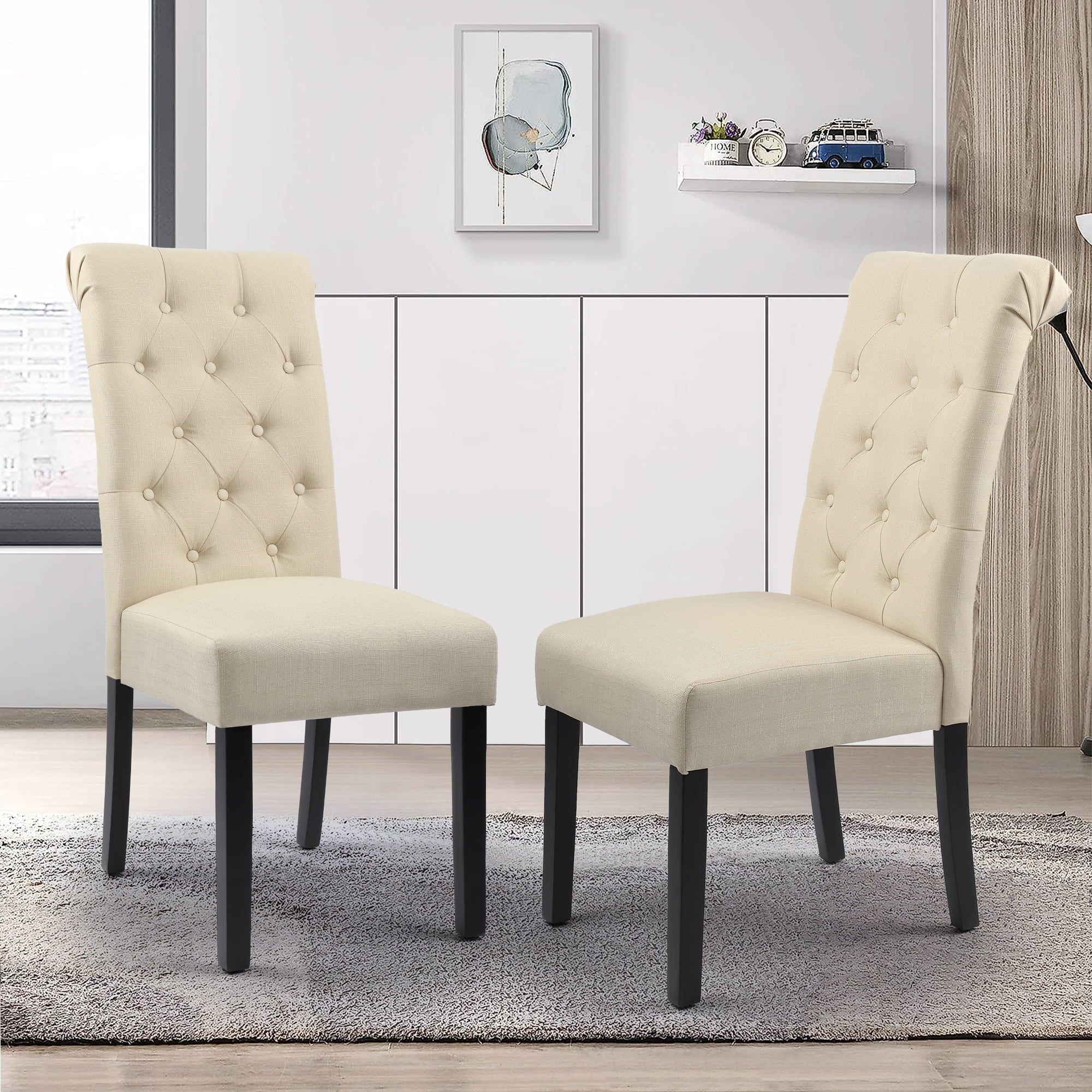 High Back Button Tufting Fabric Upholstered Dining Chairs， Beige， Set of 2