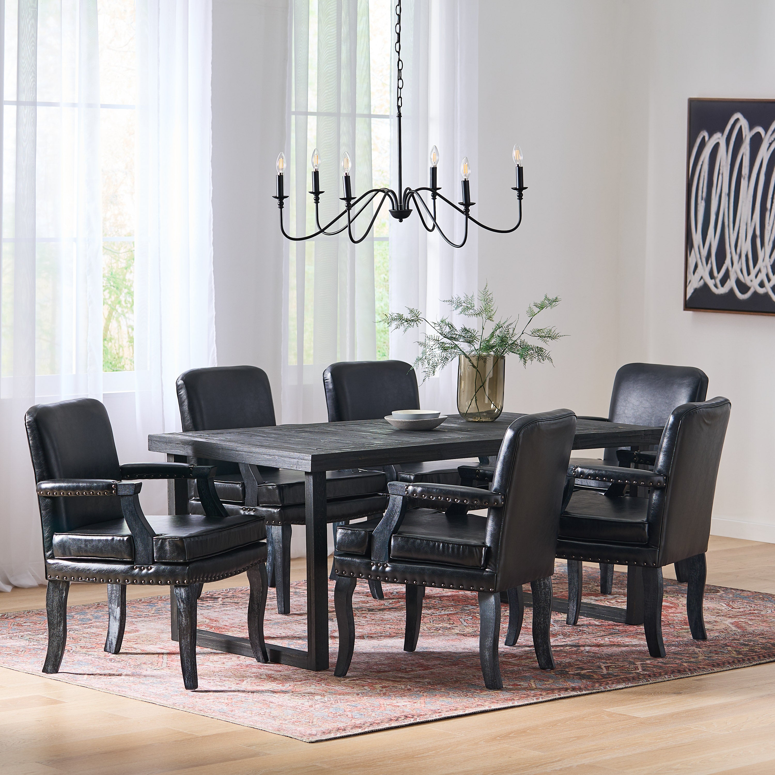 Tim French Country Faux Leather Dining Arm Chair with Nailhead Trim, Set of 6