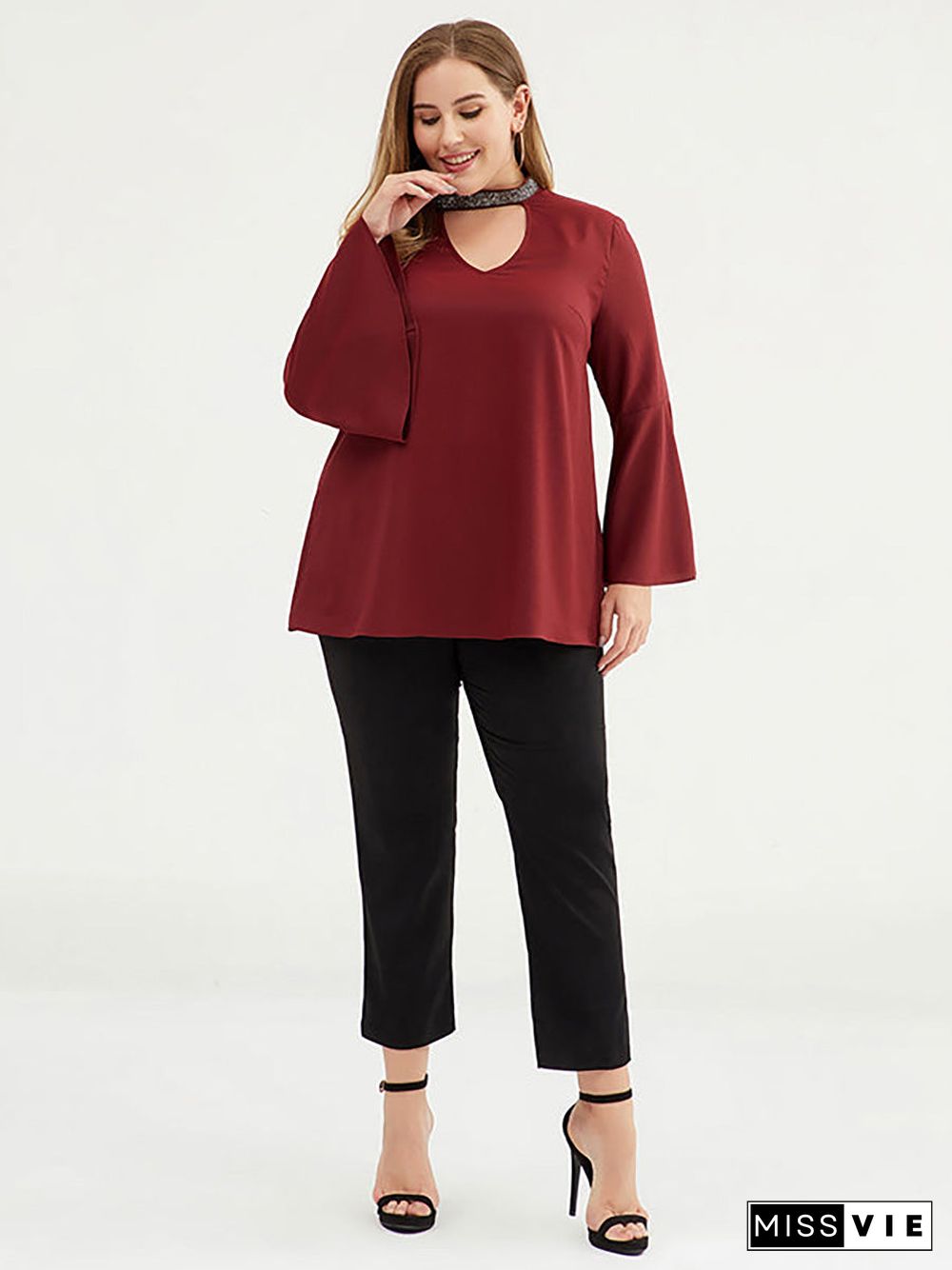 Plus Size Women 3/4 Flare Sleeve Solid Color T-shirt