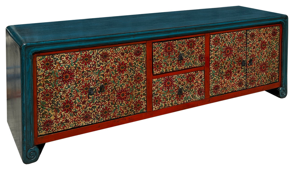 Chinese Tibetan Teal Blue Orange Floral Graphic Low TV Console Table Hcs7609   Asian   Entertainment Centers And Tv Stands   by Golden Lotus Antiques  Houzz